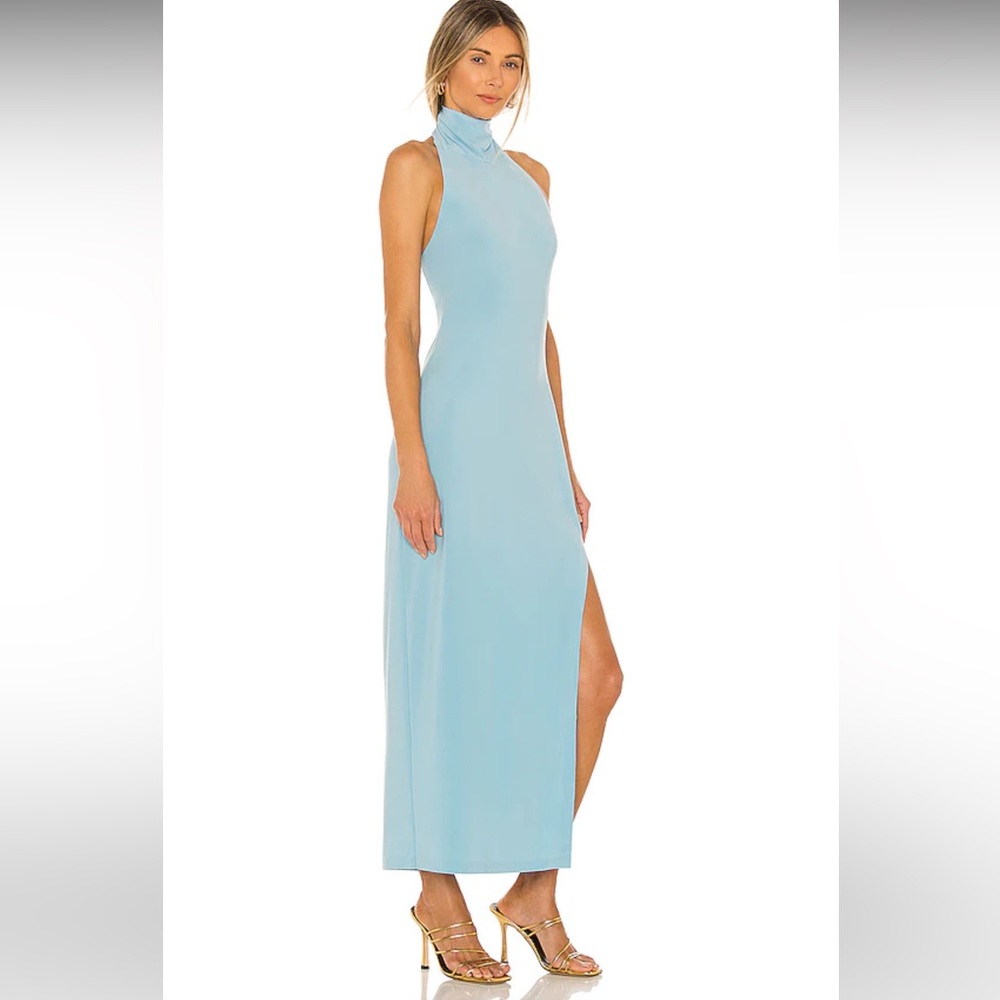 REVOLVE: Norma Kamali Halter Turtle Side Slit Gown in Powder Blue. New w/ tags!